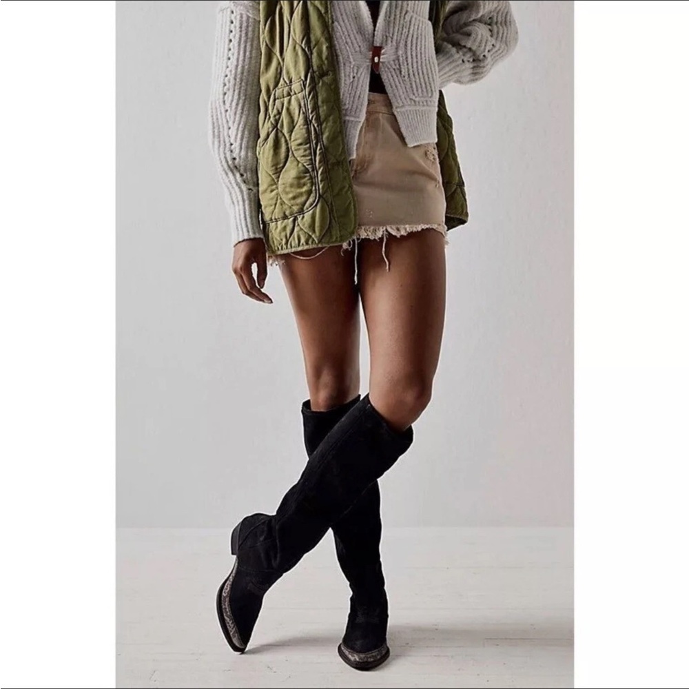 New Free People Sterling Western Black Suede Leather Sexy Knee High Boots 38 7.5